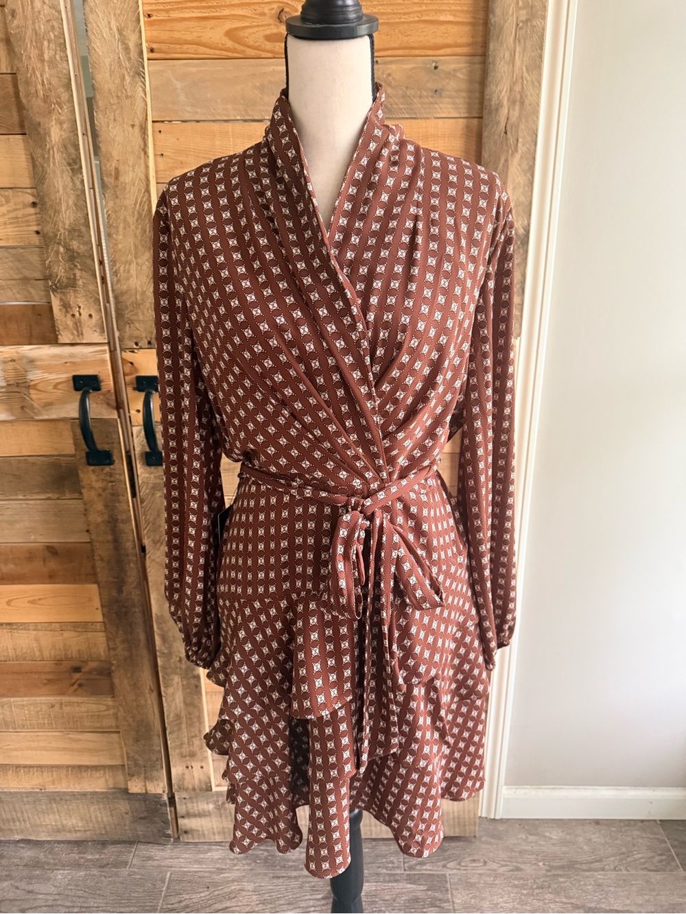 Express Brown Printed Wrap Dress with Ivory Geometric Print NWT